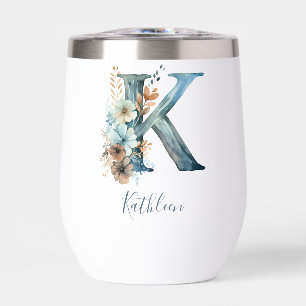 Monogramme Initial K Blue Floral Aquarelle Cadeau