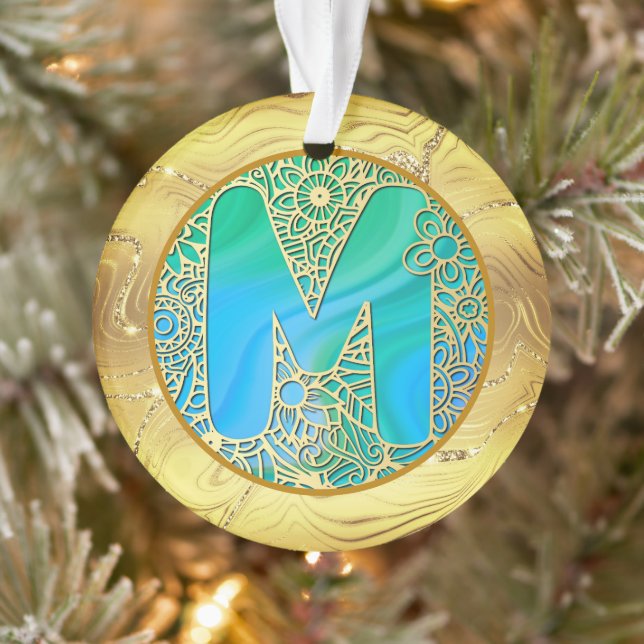 Monogramme Initial M Noël - Or, Turquoise & Bleu (Arbre)
