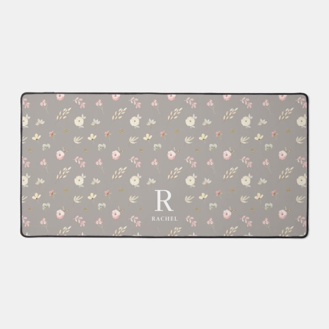 Monogramme Initial Personnalisé Gris Beige Floral  (Recto)