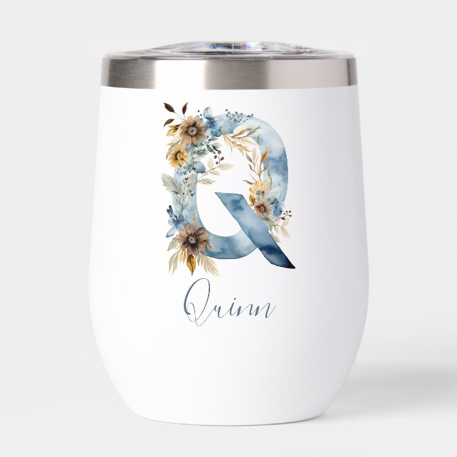Monogramme initial Q Blue Floral Aquarelle Cadeau (Avant)