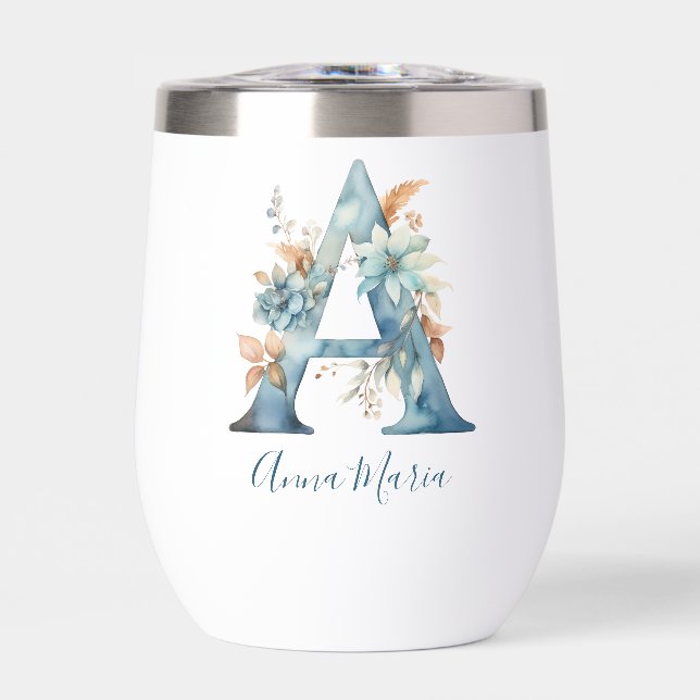 Monogramme Initiale A Cadeau Floral Bleu Aquarelle (Avant)