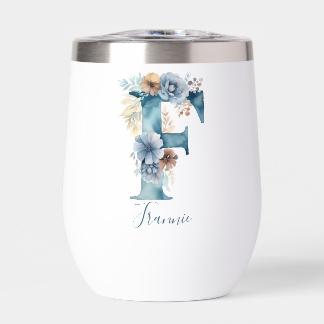 Monogramme Initiale F Bleu Floral Aquarelle Cadeau (Avant)