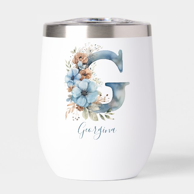 Monogramme Initiale G Cadeau Floral Bleu Aquarelle (Avant)