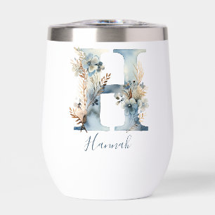 Monogramme Initiale H Bleu Floral Aquarelle Cadeau