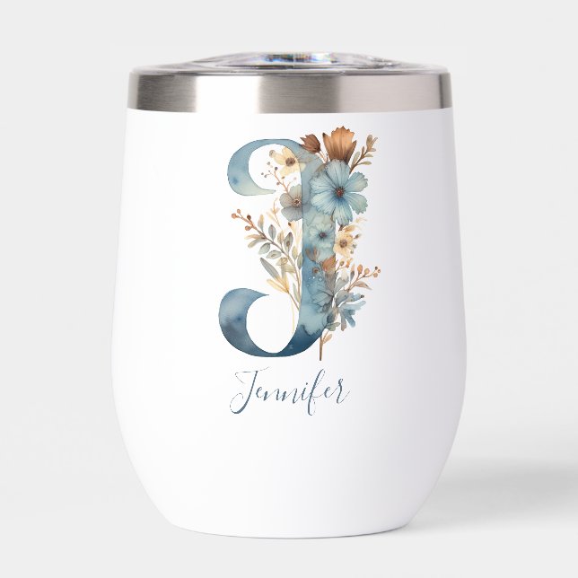 Monogramme Initiale J Cadeau Floral Bleu Aquarelle (Avant)