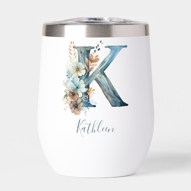 Monogramme Initiale K Cadeau Floral Bleu Aquarelle (Avant)