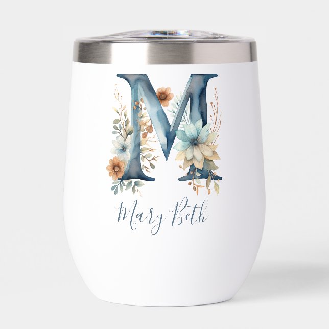 Monogramme Initiale M Cadeau Floral Bleu Aquarelle (Avant)