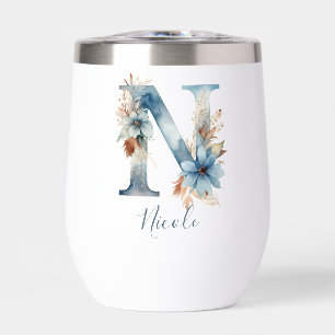 Monogramme Initiale N Bleu Floral Aquarelle Cadeau