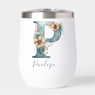 Monogramme Initiale P Cadeau Floral Bleu Aquarelle