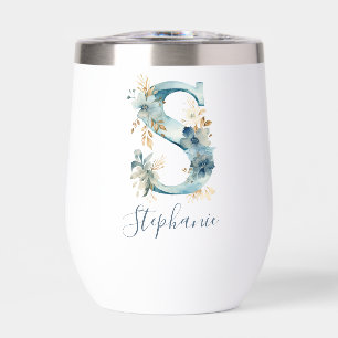 Monogramme Initiale S Bleu Floral Aquarelle Cadeau
