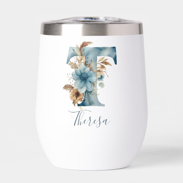 Monogramme Initiale T Cadeau Floral Bleu Aquarelle (Avant)
