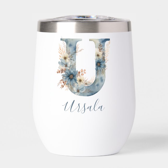 Monogramme Initiale U Cadeau Floral Bleu Aquarelle (Avant)