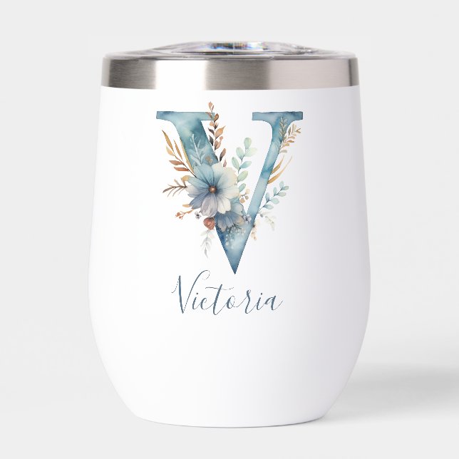 Monogramme Initiale V Cadeau Floral Bleu Aquarelle (Avant)
