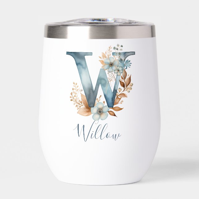 Monogramme Initiale W Fleur Bleue Aquarelle Cadeau (Avant)