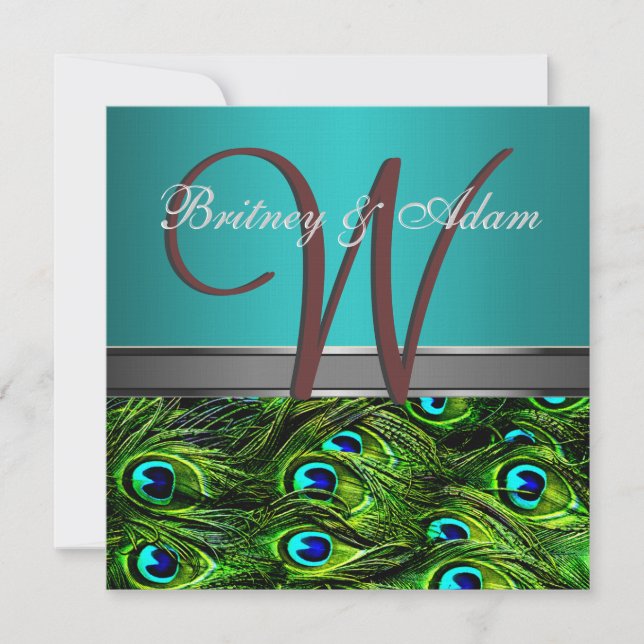 Monogramme Invitations de mariage Turquoise et ver (Devant)