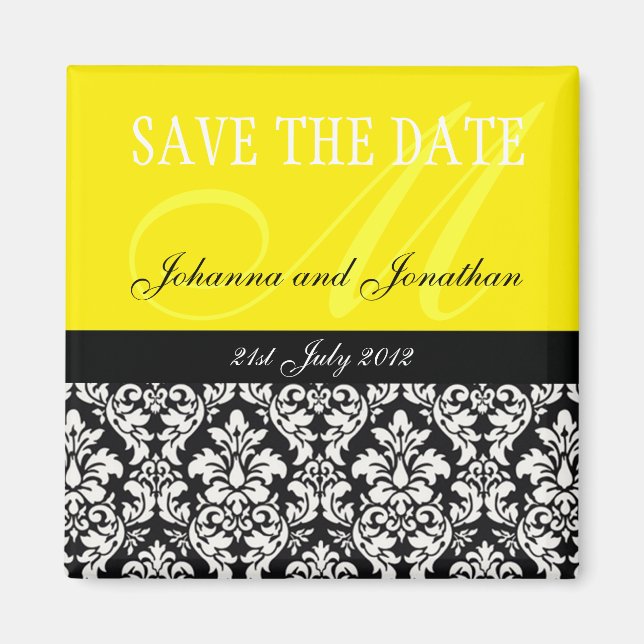 Monogramme jaune Damas Magnet Réservez la date (Devant)