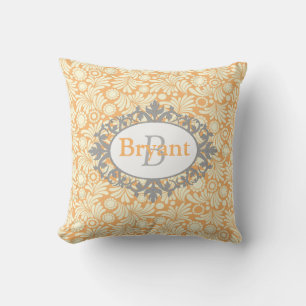 Monogramme jaune et gris Damask Jeu oreiller