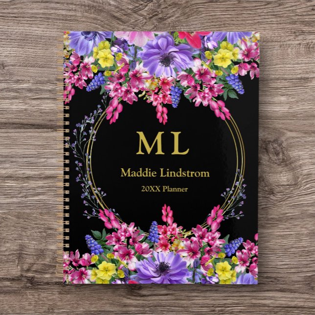 Monogramme Luxe Black Multicolor Floral Custom (Journal/Planner with Name and Date. Customize for yourself or as a gift for a friend.)