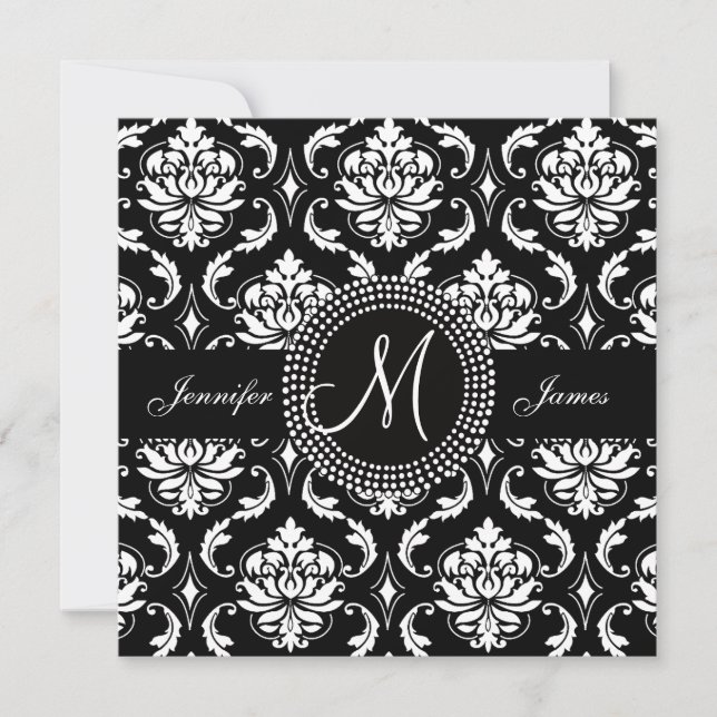 Monogramme M Damask Noir Wedding Invitations (Devant)