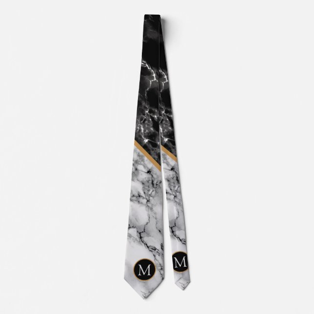 Monogramme Marbre blanc noir Cravate moderne (Devant)