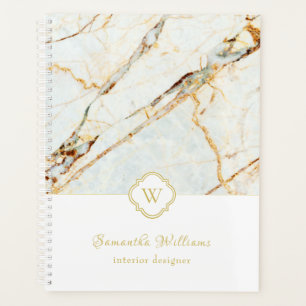 Monogramme Marbre Elegant Blanc Or 8.5x11 Planific