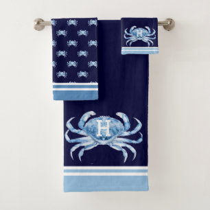Monogramme Marine Bleu Aquarelle Crabe Nautique
