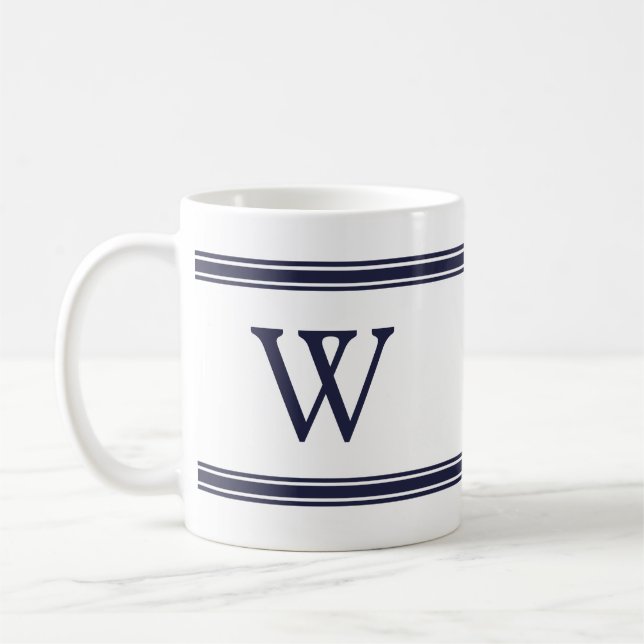 Monogramme Marine Bleu strié Mug personnalisé (Gauche)