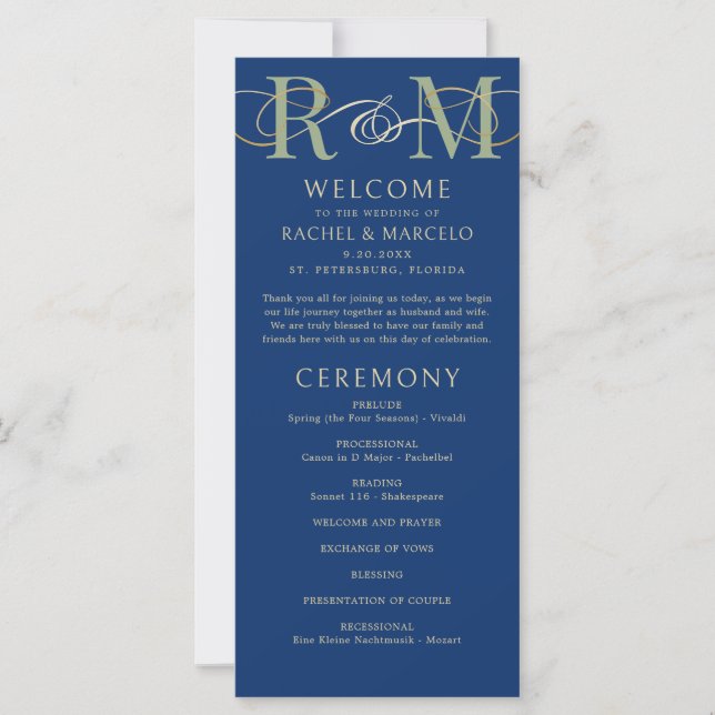 Monogramme Marine Olive Sage Green Wedding Program (Devant)