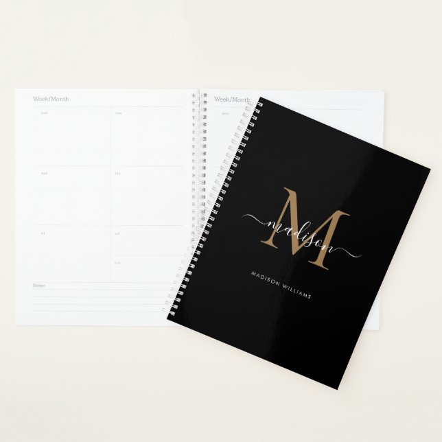 Monogramme moderne Black Gold Elegant Nom de scrip (Devant avec enveloppe)
