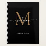 Monogramme moderne Black Gold Girly Nom du script<br><div class="desc">Monogramme moderne Black Gold Girly Nom du script 2024 Planificateur</div>
