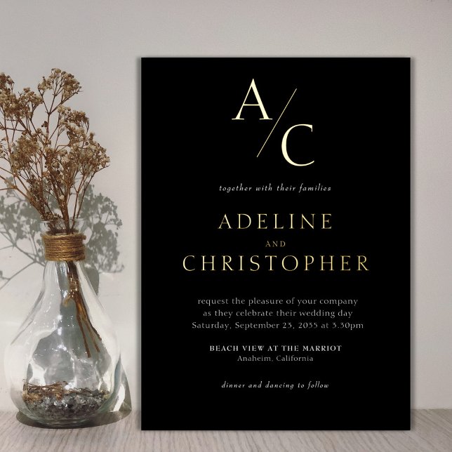 Monogramme Moderne Black White Gold Invitation (Créateur téléchargé)