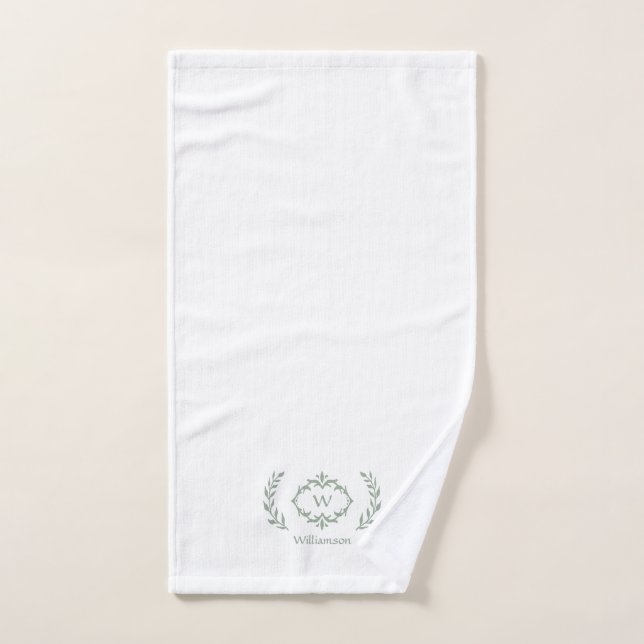 Monogramme moderne élégant initial Blanc Sage vert (Serviette à main)