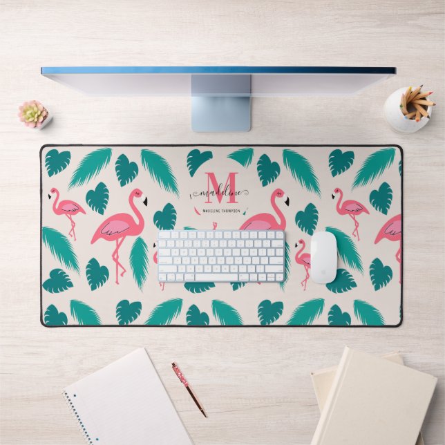 Monogramme moderne Feuilles tropicaux Flamant rose (Bureau 1)