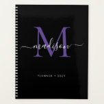 Monogramme moderne Noir Violet Girly Script 2021<br><div class="desc">Monogramme moderne violet violet noir fille élégante stylish Script Name 2021 Planificateur</div>