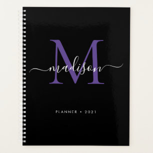 Monogramme moderne Noir Violet Girly Script 2021