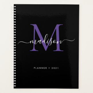 Monogramme moderne Noir Violet Girly Script 2021