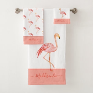 Monogramme moderne Nom Flamant rose rose Bleu Bain