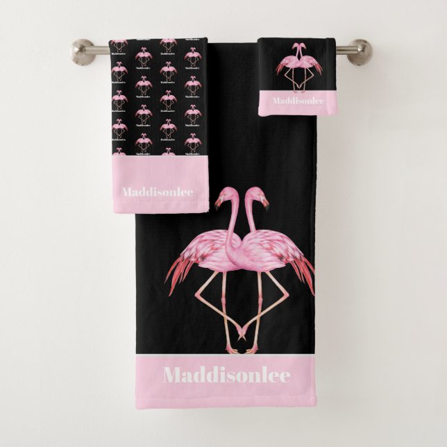 Monogramme moderne Nom Flamant rose rose noir Towe (En situation)