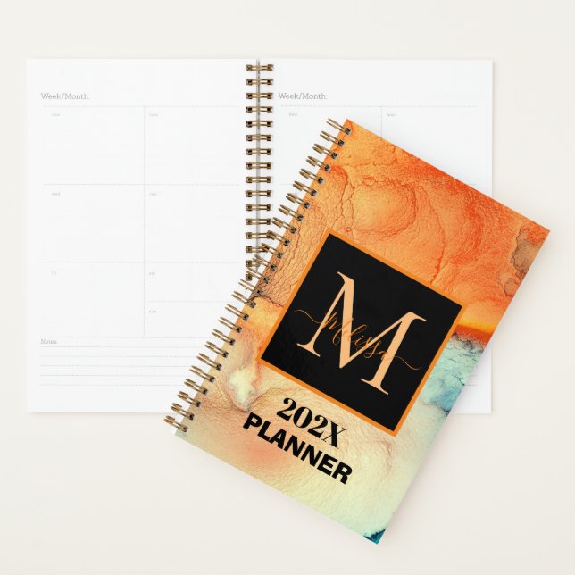Monogramme moderne orange et bleu marbré (Devant avec enveloppe)