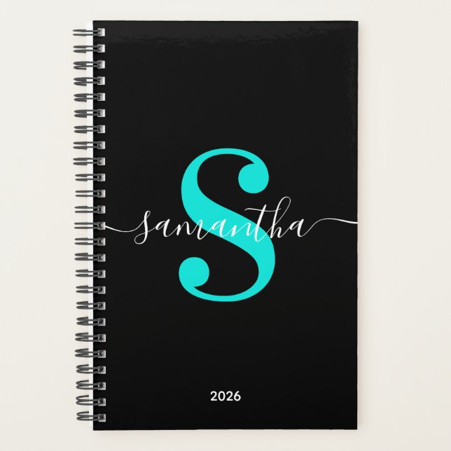 Monogramme Moderne Turquoise Clair et Noir et Blan (Devant)