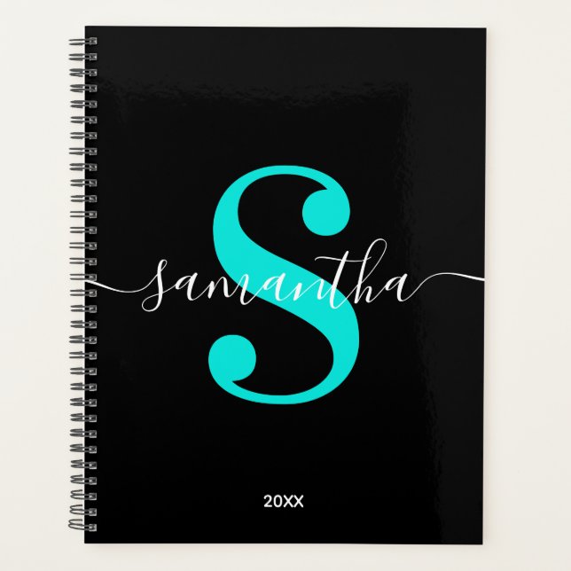 Monogramme Moderne Turquoise Clair et Noir et Blan (Devant)