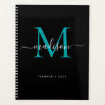 Monogramme moderne Turquoise noir vert Girly Scrip<br><div class="desc">Monogramme moderne Black Turquoise Green Girly Elégant Script Nom 2021 Planificateur</div>