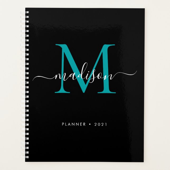 Monogramme moderne Turquoise noir vert Girly Scrip (Devant)