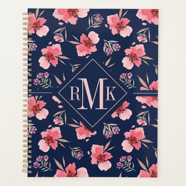 Monogramme | Motif d'aquarelle rose foncé (Devant)