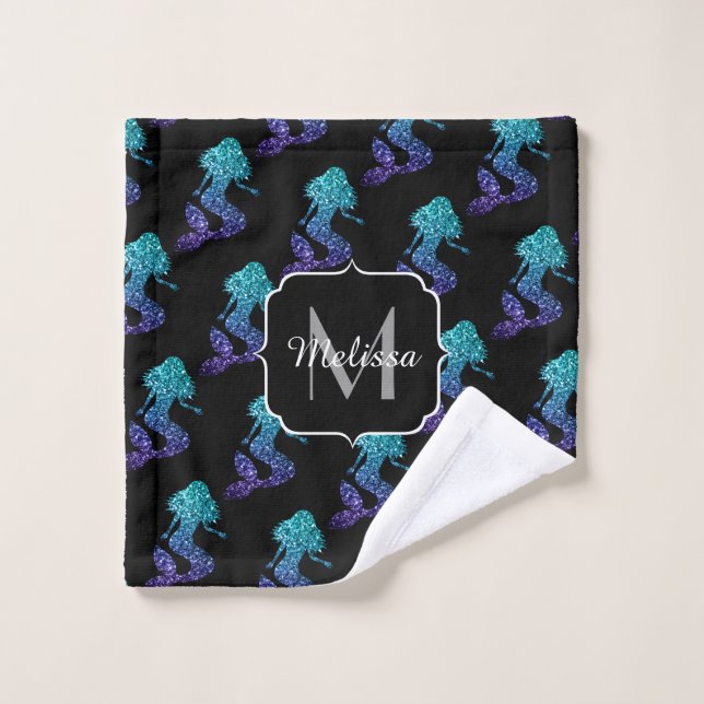 Monogramme motif paillettes dégradé bleu aqua Sirè (Gant de toilette)