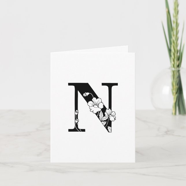 Monogramme N floral sur carte de note blanche (Devant)