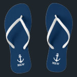 Monogramme nautique personnalisé tongs de mariage<br><div class="desc">Des tongs personnalisées de mariage de plage pour marié et marié ou invités. Soigné parti ensemble avec nom de famille personnalisé ou monogramme et voilier / bateau d'ancrage icône. Couleur arrière - plan et bracelet personnalisé pour lui et elle / hommes et femmes. Romantic marine bleu et blanc ses et...</div>