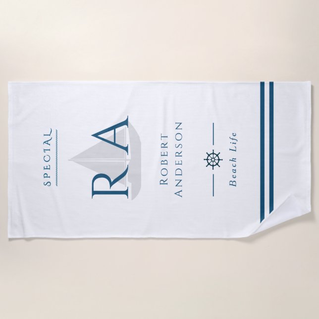 Monogramme nautique Serviette de plage blanche (Devant)