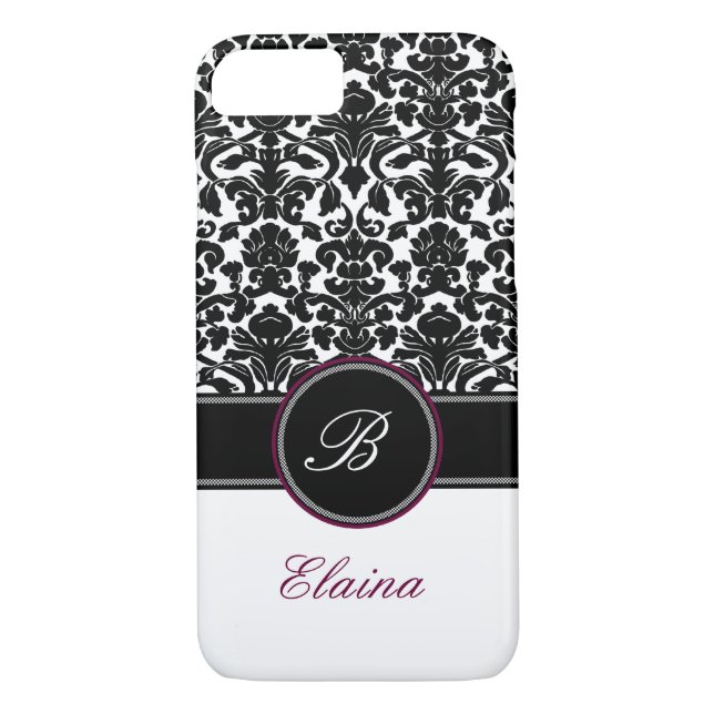Monogramme Noir, Blanc, Plum Damask iPhone 7 Coque (Dos)