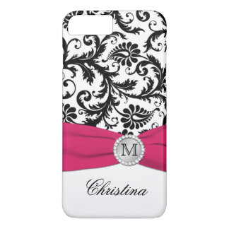 Monogramme noir, blanc, rose Damask iPhone 7 Coque